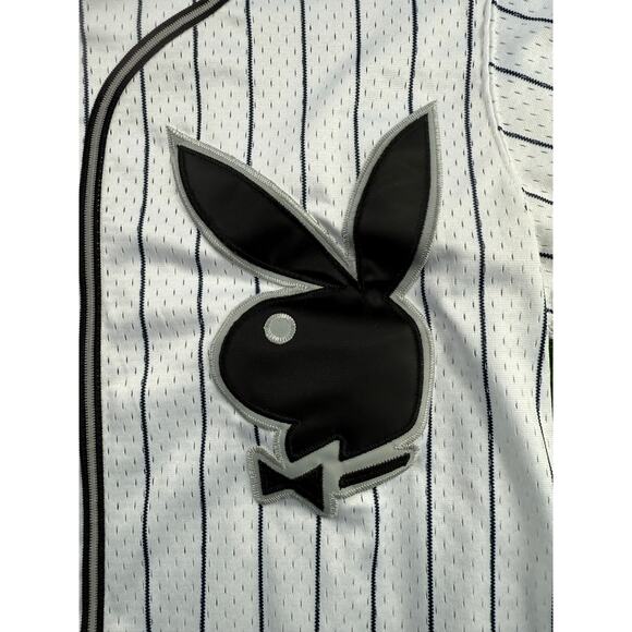 Playboy x Lids Pinstripe Baseball Jersey Sz L Gray Black Bunny Logo 00 Mens - Picture 4 of 10